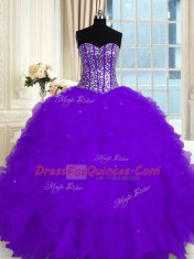 Eggplant Purple Quinceanera Dresses Military Ball and Sweet 16 and Quinceanera and For with Beading and Ruffles Sweetheart Sleeveless Lace Up