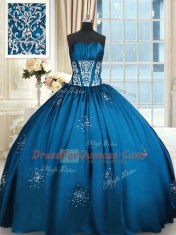 Simple Taffeta Strapless Sleeveless Lace Up Beading and Appliques and Ruching Vestidos de Quinceanera in Blue and Teal