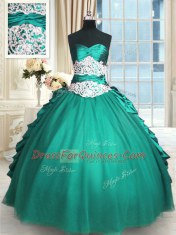 Stylish Turquoise Sleeveless Floor Length Beading and Lace and Appliques and Ruching Lace Up Quinceanera Gowns