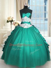 Stylish Turquoise Sleeveless Floor Length Beading and Lace and Appliques and Ruching Lace Up Quinceanera Gowns