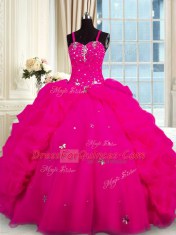 Fuchsia Sleeveless With Train Beading Lace Up Quinceanera Gown