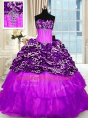 Hot Sale Printed Purple Sleeveless Sweep Train Beading and Ruffled Layers Quinceanera Dresses