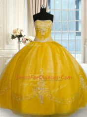 Strapless Sleeveless Quinceanera Gown Floor Length Beading and Embroidery Gold Organza