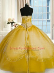 Strapless Sleeveless Quinceanera Gown Floor Length Beading and Embroidery Gold Organza