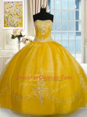 Strapless Sleeveless Quinceanera Gown Floor Length Beading and Embroidery Gold Organza