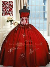 Fabulous Strapless Sleeveless Quinceanera Gowns Floor Length Beading and Appliques and Ruching Wine Red Taffeta