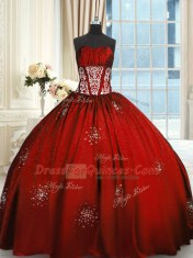 Fabulous Strapless Sleeveless Quinceanera Gowns Floor Length Beading and Appliques and Ruching Wine Red Taffeta