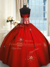 Fabulous Strapless Sleeveless Quinceanera Gowns Floor Length Beading and Appliques and Ruching Wine Red Taffeta