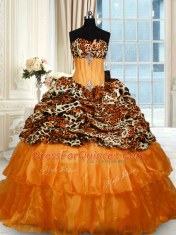 Hot Sale Orange Organza and Printed Lace Up Strapless Sleeveless Quinceanera Gown Sweep Train Beading and Ruffled Layers