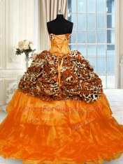 Hot Sale Orange Organza and Printed Lace Up Strapless Sleeveless Quinceanera Gown Sweep Train Beading and Ruffled Layers