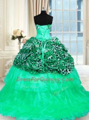 Graceful Printed Sleeveless Beading and Ruffled Layers Lace Up Quinceanera Gowns with Turquoise Sweep Train