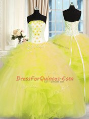 Fashionable Sleeveless Tulle Floor Length Lace Up Sweet 16 Quinceanera Dress in Yellow Green with Beading and Ruffles