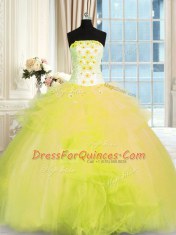 Fashionable Sleeveless Tulle Floor Length Lace Up Sweet 16 Quinceanera Dress in Yellow Green with Beading and Ruffles