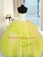 Fashionable Sleeveless Tulle Floor Length Lace Up Sweet 16 Quinceanera Dress in Yellow Green with Beading and Ruffles