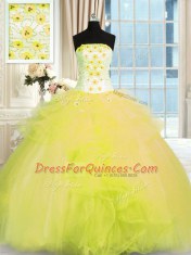 Fashionable Sleeveless Tulle Floor Length Lace Up Sweet 16 Quinceanera Dress in Yellow Green with Beading and Ruffles