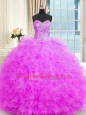 Stylish Floor Length Lace Up 15 Quinceanera Dress Lilac for Military Ball and Sweet 16 and Quinceanera with Beading and Ruffles
