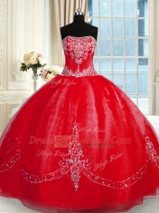 Floor Length Red Quince Ball Gowns Tulle Sleeveless Beading and Embroidery