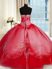 Floor Length Red Quince Ball Gowns Tulle Sleeveless Beading and Embroidery