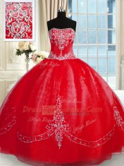 Floor Length Red Quince Ball Gowns Tulle Sleeveless Beading and Embroidery