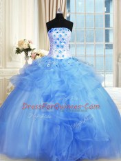 Luxury Blue Ball Gowns Pick Ups and Hand Made Flower Sweet 16 Dresses Lace Up Tulle Sleeveless Floor Length