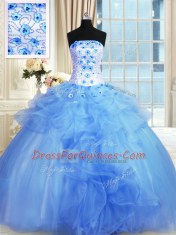 Luxury Blue Ball Gowns Pick Ups and Hand Made Flower Sweet 16 Dresses Lace Up Tulle Sleeveless Floor Length
