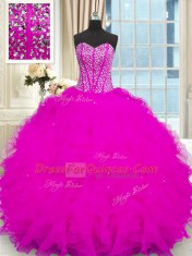 Organza Strapless Sleeveless Lace Up Beading and Ruffles Quince Ball Gowns in Fuchsia