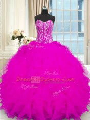 Organza Strapless Sleeveless Lace Up Beading and Ruffles Quince Ball Gowns in Fuchsia