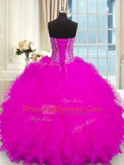 Organza Strapless Sleeveless Lace Up Beading and Ruffles Quince Ball Gowns in Fuchsia