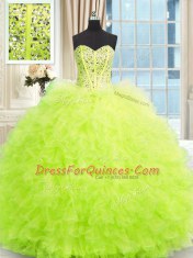Yellow Green Strapless Lace Up Beading and Ruffles Quinceanera Gown Sleeveless
