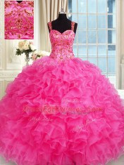 Hot Pink Ball Gowns Organza Straps Sleeveless Embroidery and Ruffles Floor Length Lace Up Quinceanera Gown