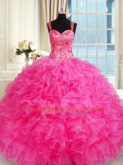 Hot Pink Ball Gowns Organza Straps Sleeveless Embroidery and Ruffles Floor Length Lace Up Quinceanera Gown