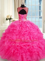 Hot Pink Ball Gowns Organza Straps Sleeveless Embroidery and Ruffles Floor Length Lace Up Quinceanera Gown