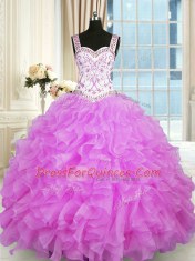 Romantic Lilac Straps Neckline Beading and Ruffles 15 Quinceanera Dress Sleeveless Lace Up