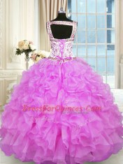 Romantic Lilac Straps Neckline Beading and Ruffles 15 Quinceanera Dress Sleeveless Lace Up