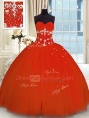 Nice Red Tulle Lace Up Vestidos de Quinceanera Sleeveless Floor Length Appliques