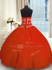 Nice Red Tulle Lace Up Vestidos de Quinceanera Sleeveless Floor Length Appliques
