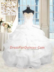 Flare White Ball Gowns Beading and Ruffles Sweet 16 Dresses Lace Up Organza Sleeveless Floor Length