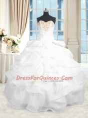 Flare White Ball Gowns Beading and Ruffles Sweet 16 Dresses Lace Up Organza Sleeveless Floor Length