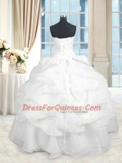 Flare White Ball Gowns Beading and Ruffles Sweet 16 Dresses Lace Up Organza Sleeveless Floor Length