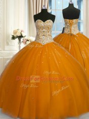 Sweetheart Sleeveless 15 Quinceanera Dress Floor Length Beading and Sequins Rust Red Tulle