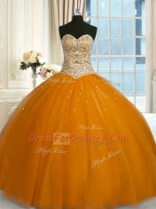Sweetheart Sleeveless 15 Quinceanera Dress Floor Length Beading and Sequins Rust Red Tulle