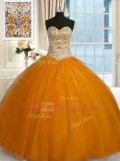 Sweetheart Sleeveless 15 Quinceanera Dress Floor Length Beading and Sequins Rust Red Tulle