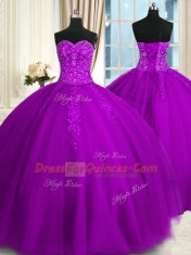 Lovely Floor Length Purple Sweet 16 Dresses Tulle Sleeveless Appliques and Embroidery