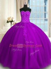 Lovely Floor Length Purple Sweet 16 Dresses Tulle Sleeveless Appliques and Embroidery