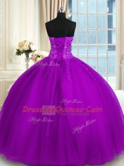 Lovely Floor Length Purple Sweet 16 Dresses Tulle Sleeveless Appliques and Embroidery