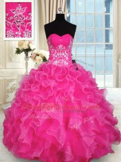 Hot Pink Sleeveless Beading and Appliques and Ruffles Floor Length Quince Ball Gowns