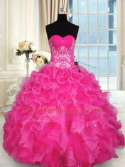 Hot Pink Sleeveless Beading and Appliques and Ruffles Floor Length Quince Ball Gowns