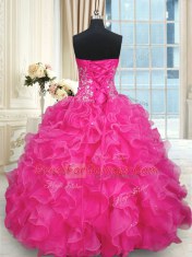 Hot Pink Sleeveless Beading and Appliques and Ruffles Floor Length Quince Ball Gowns