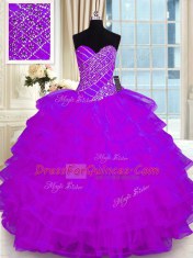 Ruffled Purple Sleeveless Organza Lace Up 15th Birthday Dress for Military Ball and Sweet 16 and Quinceanera
