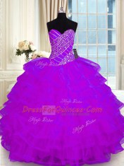 Ruffled Purple Sleeveless Organza Lace Up 15th Birthday Dress for Military Ball and Sweet 16 and Quinceanera